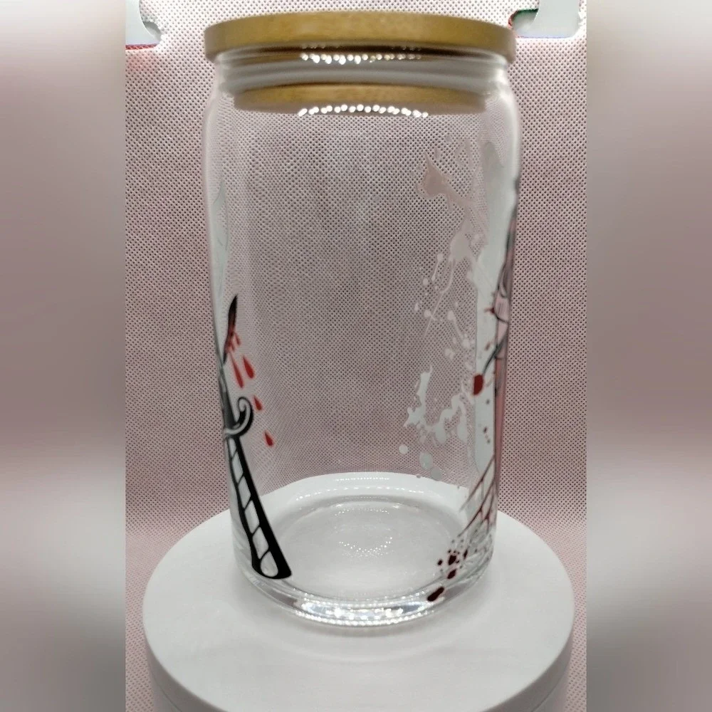 Freddy Krueger Horror 16oz Glass Can Cup Bamboo Lid Straw UV DTF Wrap Handmade